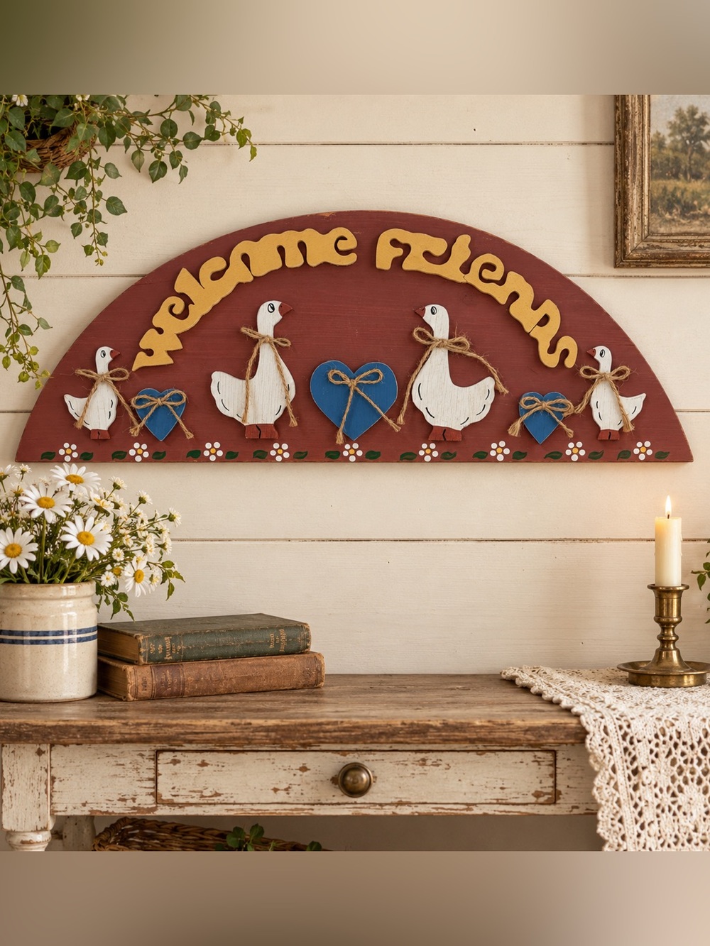 Vintage Welcome Friends Goose Wall Sign Folk Art Farmhouse Country Decor 30”